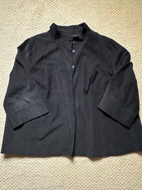 SANDRO Black Fine Wale Corduroy Swing Jacket 2X Mock Neck Minimalist Cape Coat